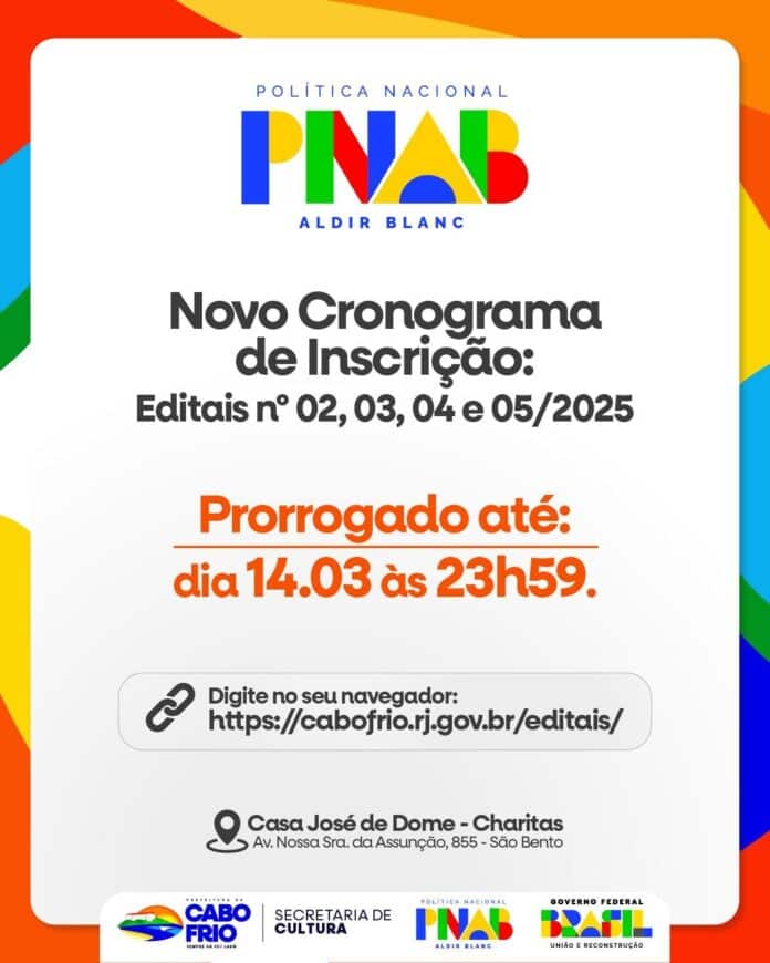 Prefeitura de Cabo Frio prorroga prazo de inscrição para os editais da Política Nacional Aldir Blanc